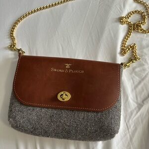 Brown Leather and Gray Wool Crossbody Bag